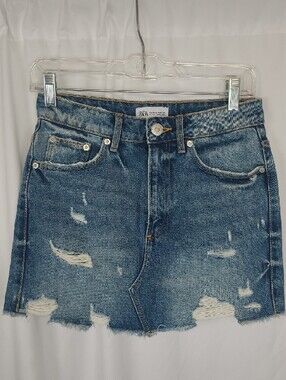 Zara Join Life Distressed Denim Mini Skirt 100% Recycled Cotton XS